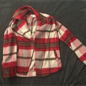 CAbi Red and Gray Plaid Teddy Jacket
